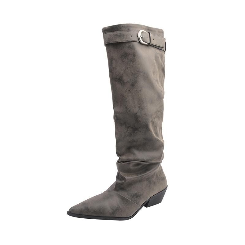 Niche pointed pleated piled boots women's summer and autumn new models but knee high knight boots old western boots