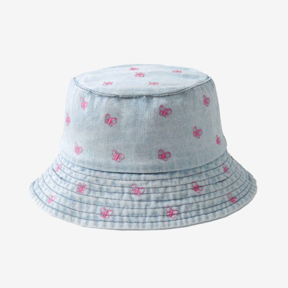 Soft Watermelon Strawberry Embroidered Denim Bucket Hat Butterfly Pattern Wide Brim Denim Fisherman Hat Sun Hat Travel