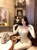 Threaded Pure Desire Lace Patchwork Sexy Apricot Long Sleeve Women's Slimming Winter Top