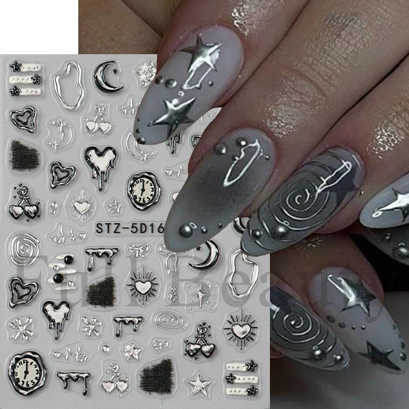 1PC embossed 5D liquid metal star, moon, and heart clock nail sticker, adhesive nail art sticker, holiday gift.