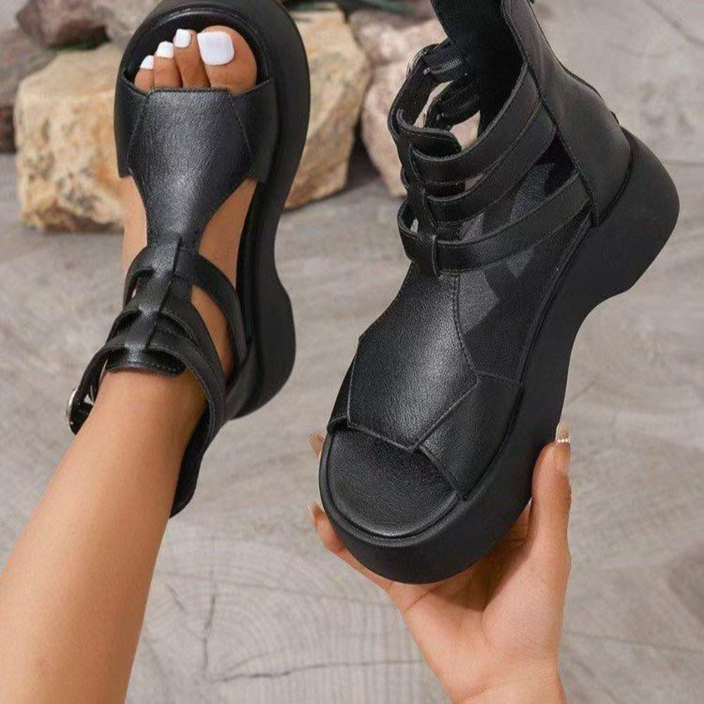 

Fashion Retro Women Sandals Fashion Leather Women Boots Breathable Platform Shoes Designer Mid Heels Women Wedges Shoes Sandalias Mujer 37 чёрный