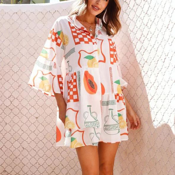 

Женское весеннее короткое свободное платье с расклешенным рукавом, летнее повседневное платье с отложным воротником и принтом, короткие платья S-XL XL оранжевый