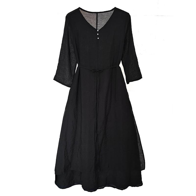 Johnature Woman Autumn Solid Color V-Neck Retro Dress Loose Chinese Style Casual Vintage Style Dress