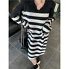 Black and white striped lapel knitted dress, high-end autumn dress, lazy style temperament contrasting skirt