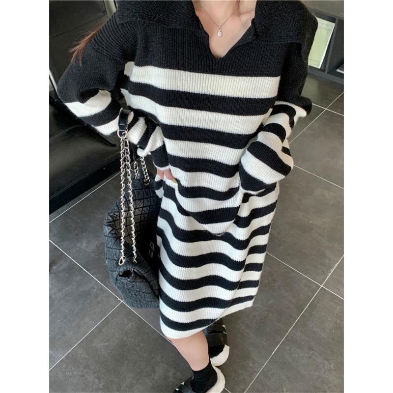 Black and White Striped Lapel Knitted Dress, High-end Autumn Dress, Lazy Style Temperament Contrasting Skirt