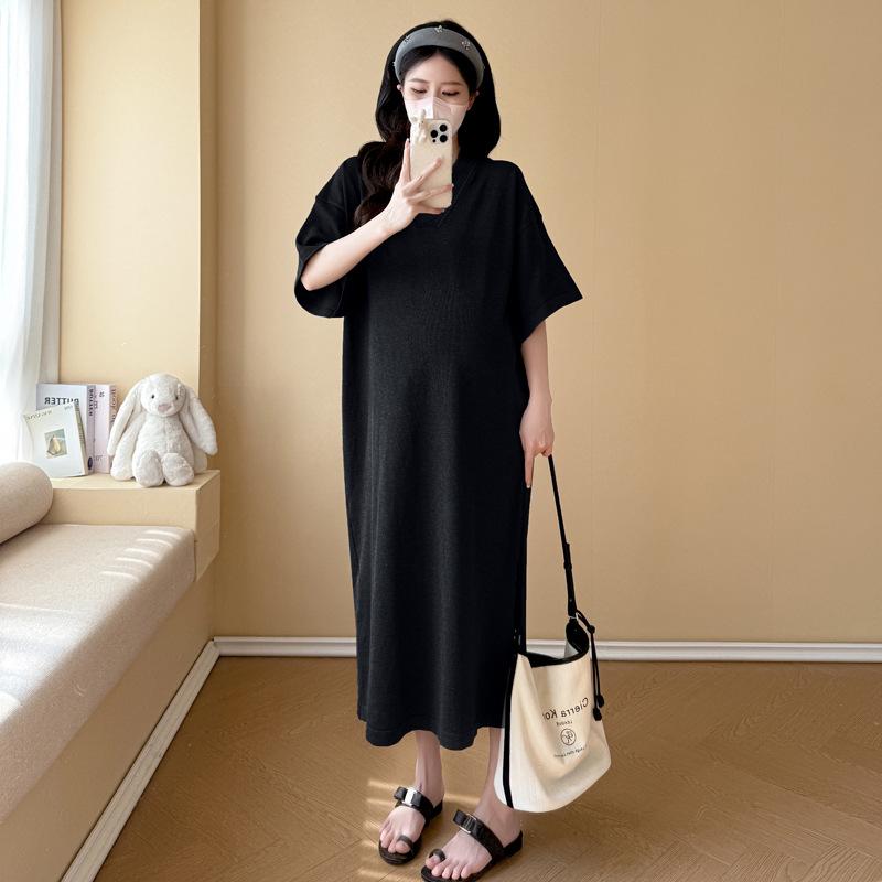 2026 Summer V-Neck Striped Knitted Maternity Dress - Plus Size, Loose, and Slimming Double Extra Large