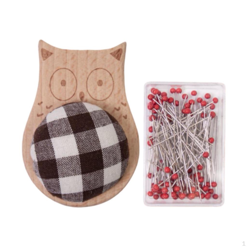 Cute Pin Cushion with Pins Ball Head Sewing Set DIY Craft Accessories Small Wooden Base