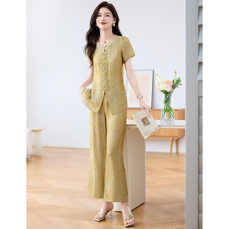 Women's Elegant Lace Short-Sleeve Top & Pants Set