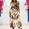 Women Spaghetti Strap Jumpsuit Camping Car Campfire Pumpkin Bat Halloween Print Wide Leg Pants With Pockets