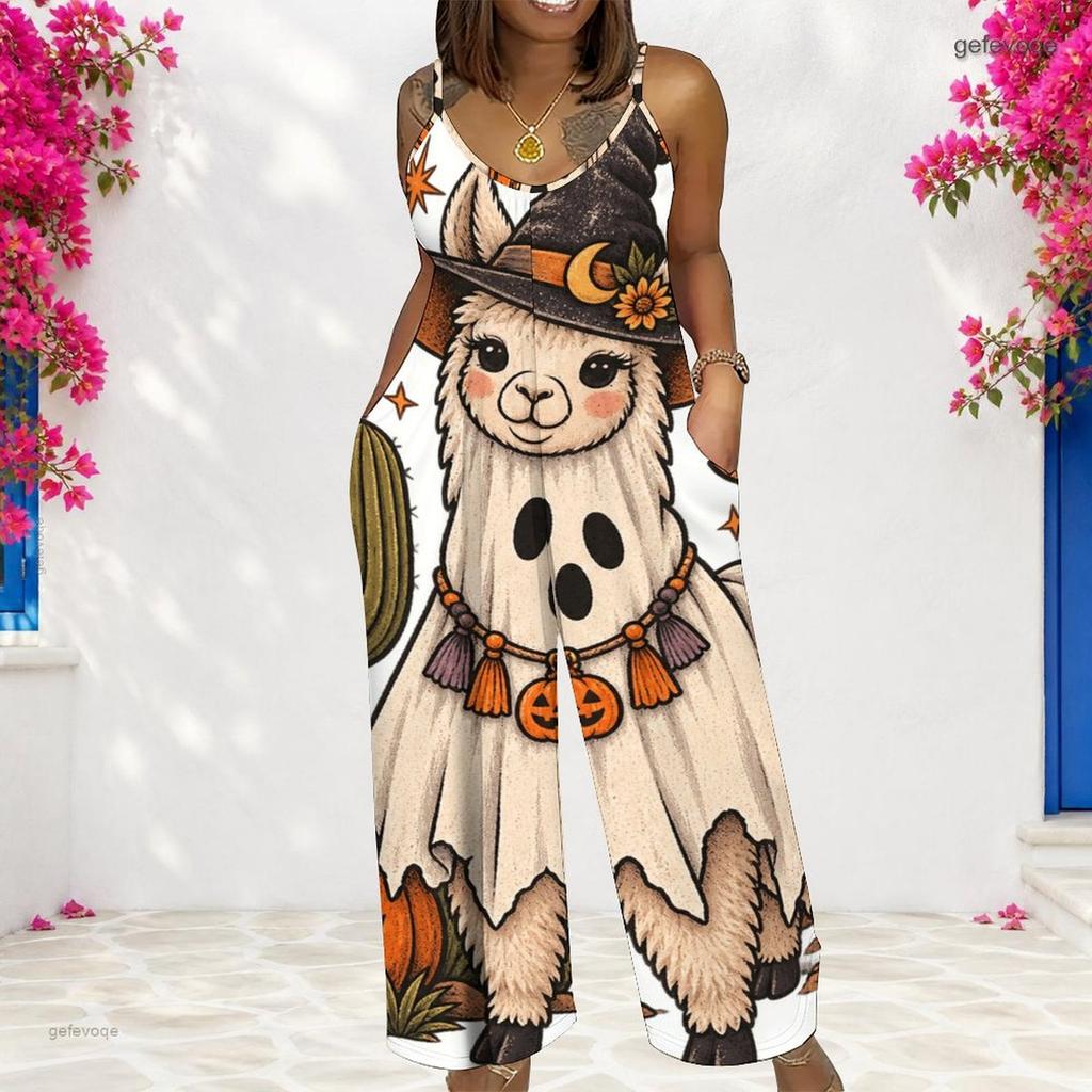Women Spaghetti Strap Jumpsuit Camping Car Campfire Pumpkin Bat Halloween Print Wide Leg Pants With Pockets