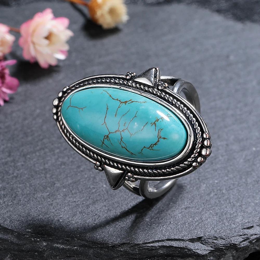 Rings for Women CopperFine Jewelry Vintage 11*25 Big Blue Aventurine Turquoise Hollow Out Elegant Finger Ring Gift