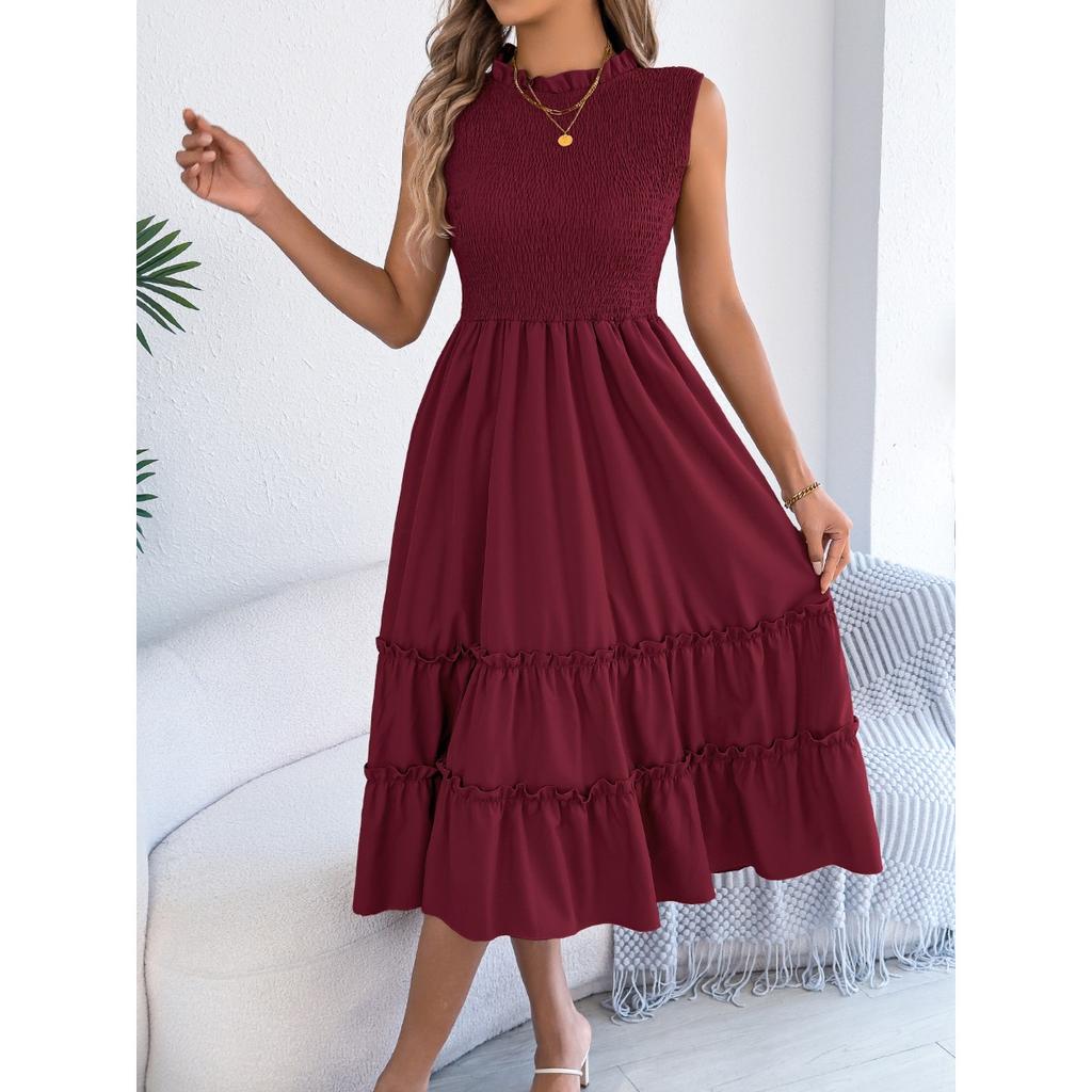 Spring Summer Women's Casual Smocked Waist Sleeveless Ruffle Trim Flowy Maxi Long Dress for European American Crossborder