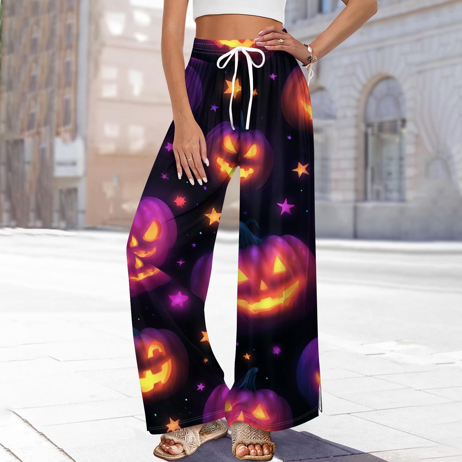 

Женские повседневные модные брюки прямого кроя с широкими штанинами, эластичной талией на кулиске, карманами и принтом на Хэллоуин XXL