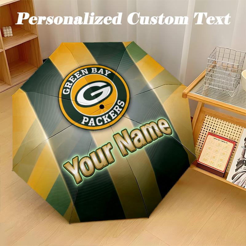Green Bay Packers Automatic 8‑ribs Umbrella, Custom Name Text Personalized Folding Umbrella Rain Sun Gift