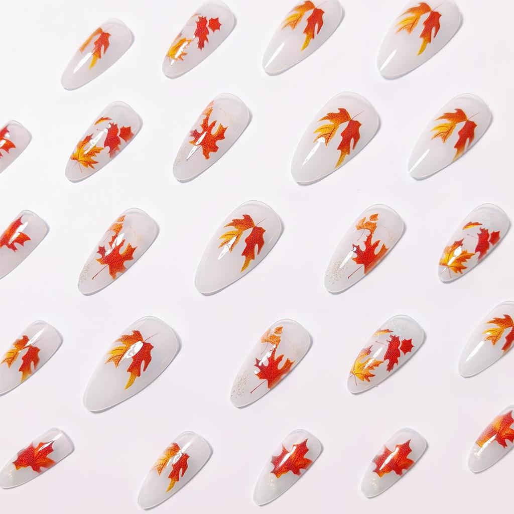 24Pcs Fall Press On Nails Medium Almond Fake Nails Glossy Glitter Maple Leaf False Nails Full Cover Thanksgiving Glue On Nails Reusable Acrylic