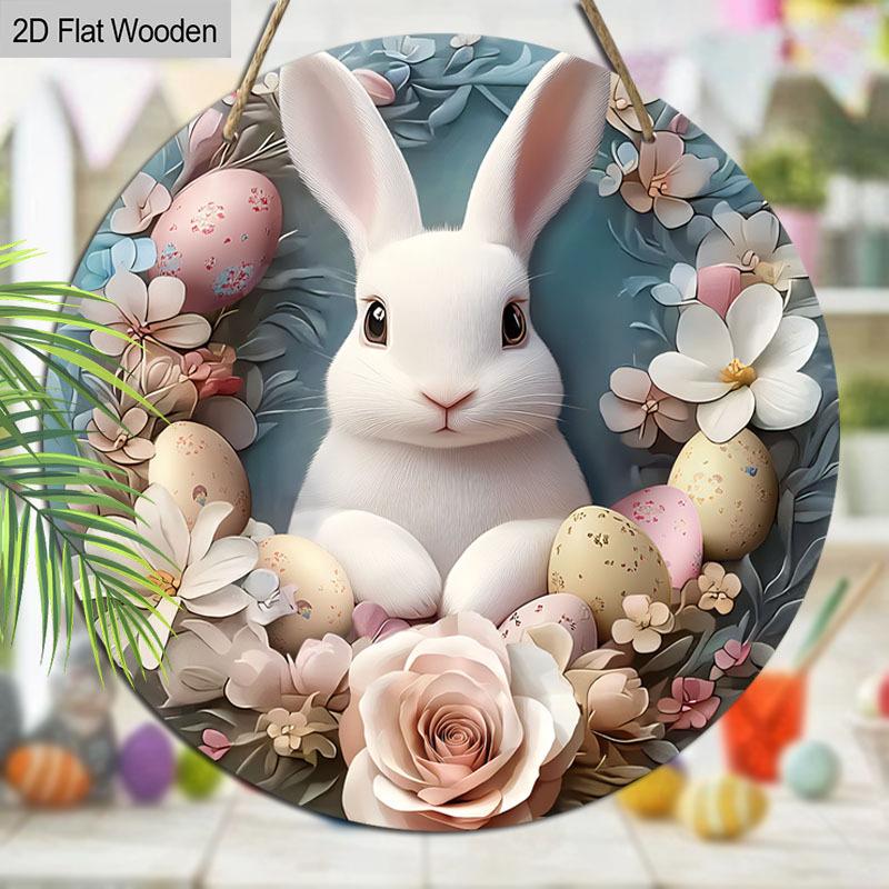 2D Flat 1pc Easter “Rabbit Flower” Logo Wooden Round Hanging Decoration, Spring Garden Balcony Ornament, Indoor/Outdoor Statue Wall Hanging, Country