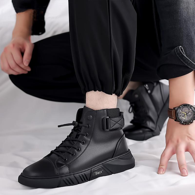 Men's Shoes 2025 Autumn Leather Non-slip Velvet High-top Casual Cotton Leather Shoes Men's Leather Martin Boots Men's Short Boots