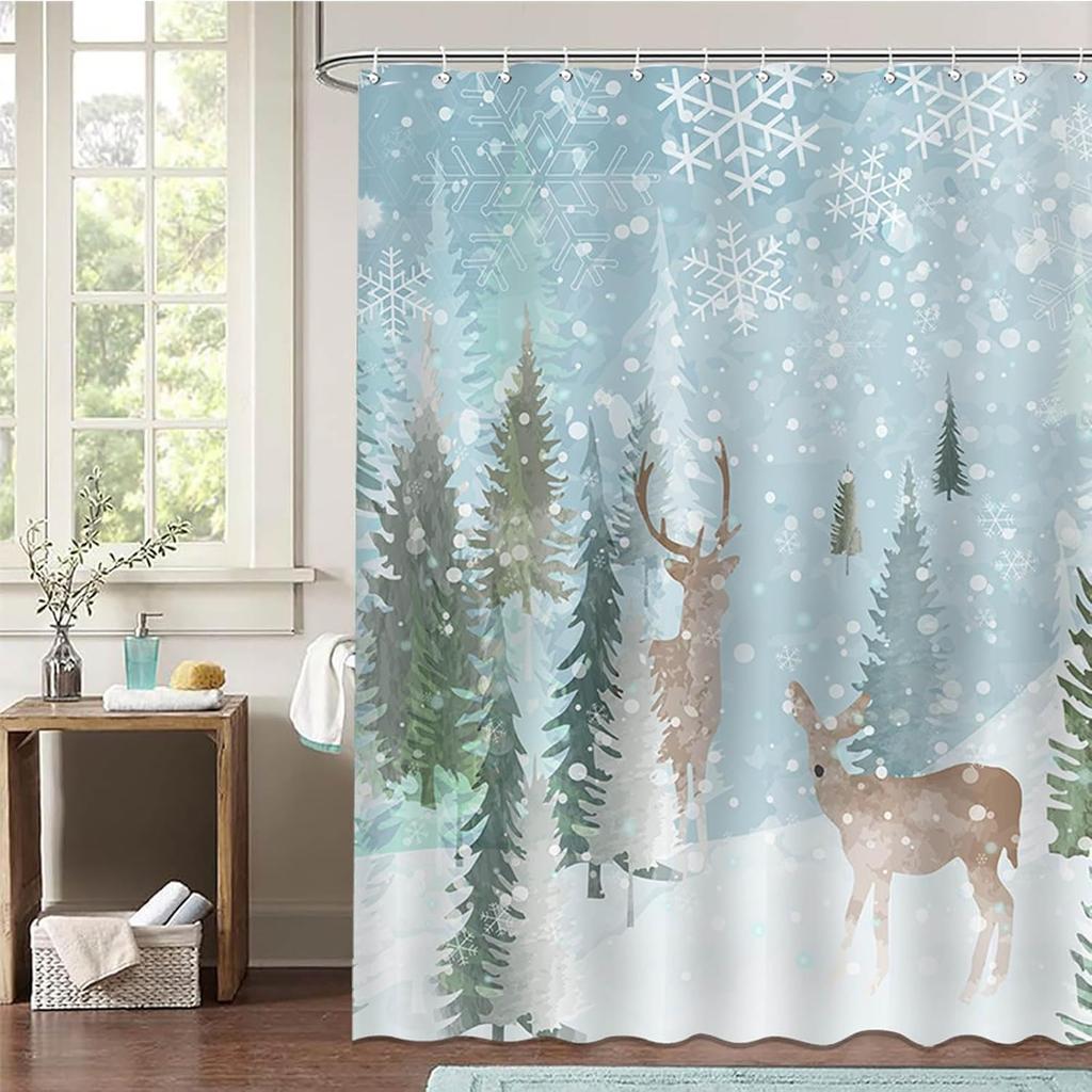 GAEWinter Deer Shower Curtain Deer and Forest Snow Forest Tree Scene Snowflake Christmas Shower Curtain Bathroom Bathtub Curta