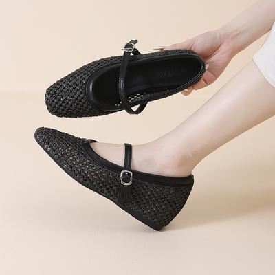Französische Mary Jane Schuhe mit flachem Boden und innerer Höhenerhöhung für Damen Sommer 2025 neu gewebte Einzelschuhe mit hohlem Ein-Wort-Riemen