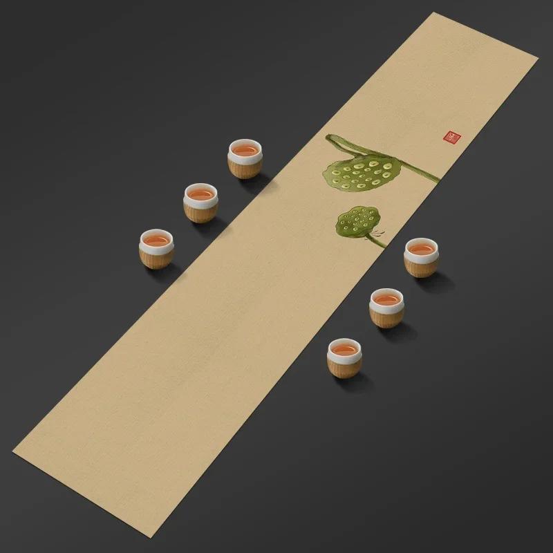 Chinese Lotus Pattern Table Runner Water-Repellent Coffee Table Cloth Decorative Cotton Linen Tea Mat Tea Ceremony Accessories