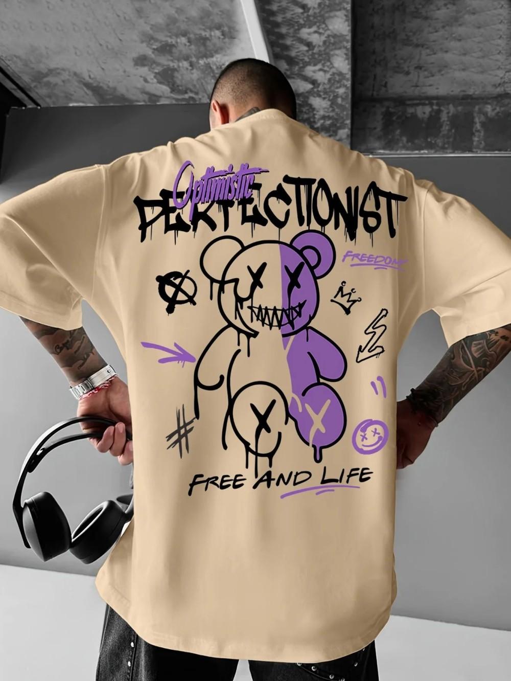 2025 Summer New Mens Tshirt Fashion Letter Bear Print Pattern is a casual and versatile polyester mens Tshirt 4XL