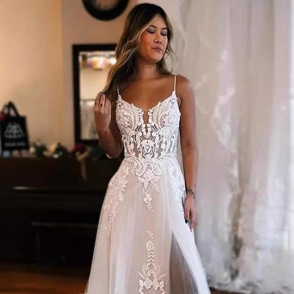 Summer lace wedding dress bridal dress suspender long small trailing bridal dress side split