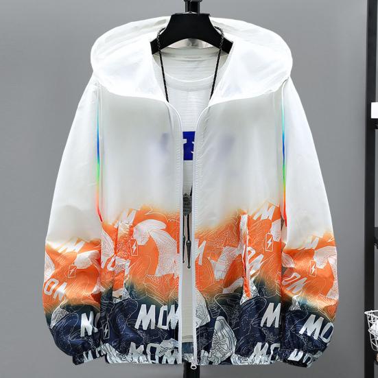 Gradient Print Hooded Drawstring Pockets Zipper Placket Windbreaker Jacket Men Summer Thin Sun Protection Coat