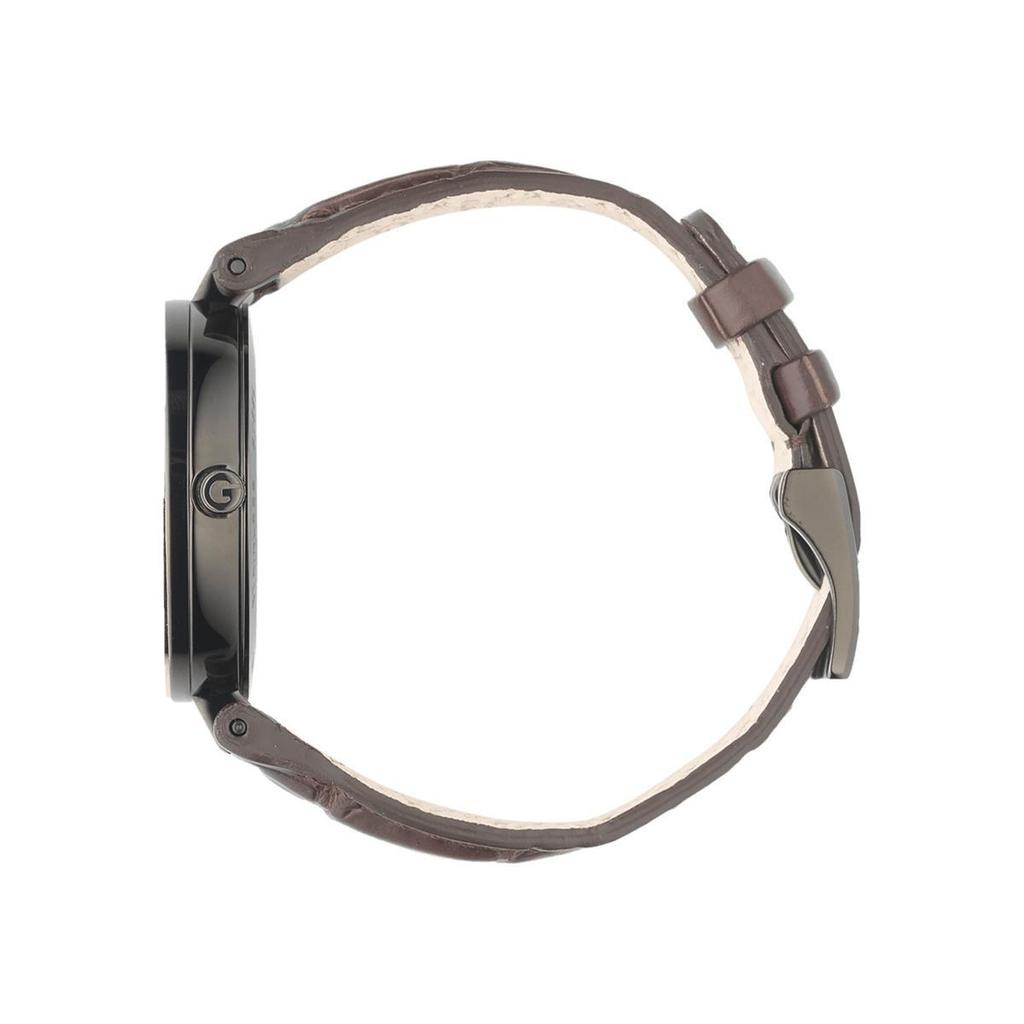 Gucci YA133304 Moteriškas laikrodis su juodu ciferblatu ir rudu odiniu dirželiu