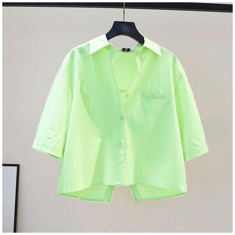 

Чувство дизайна, Короткий стиль с разрезом сзади, Летняя свободная посадка, Тонкая и свежая рубашка с рукавами средней длины, Женская рубашка XXL зелёный