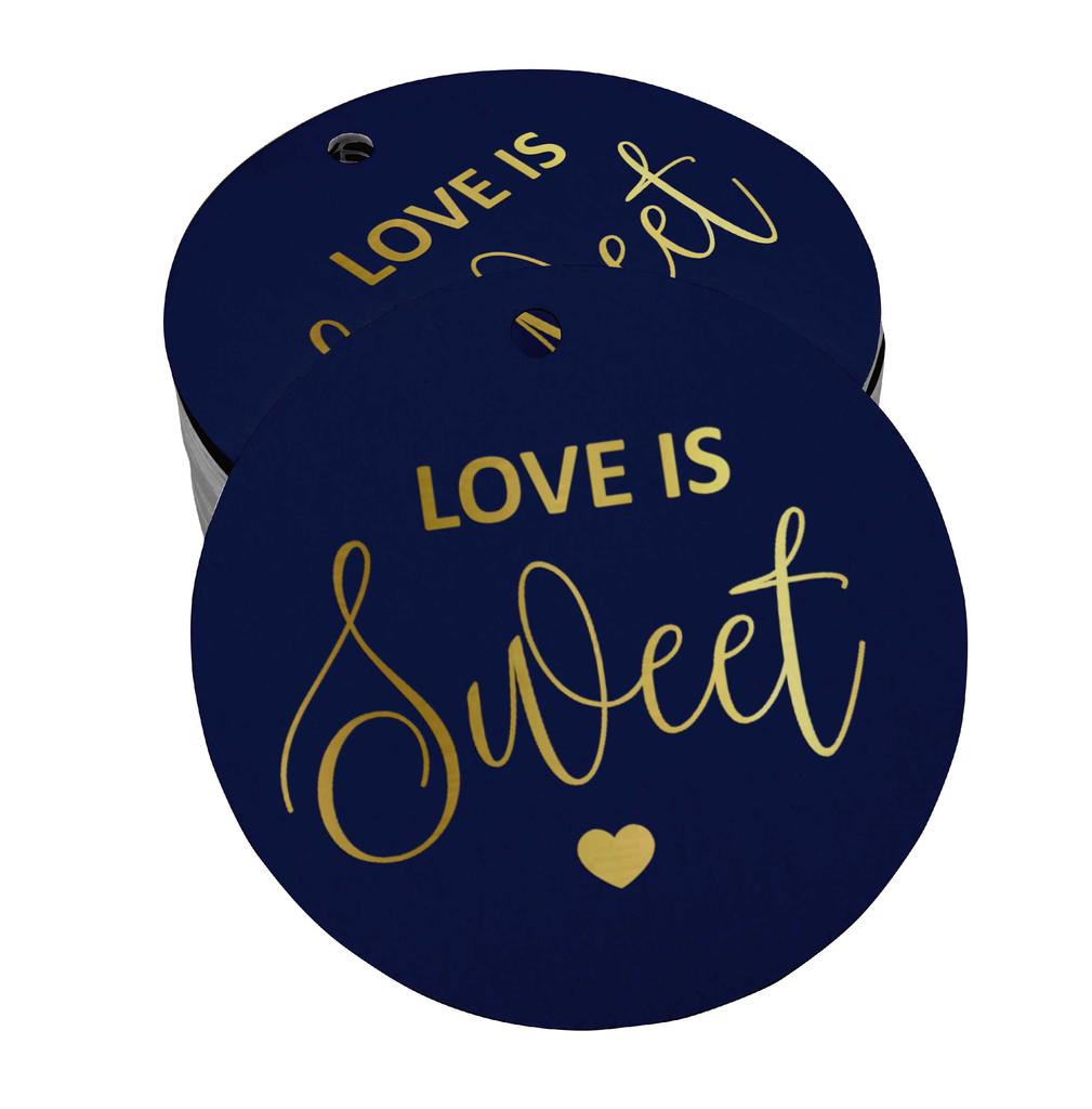 Inkdotpot 100 - Confezione da 100 etichette in carta stagnola color oro vero Love Is Sweet bomboniera da appendere