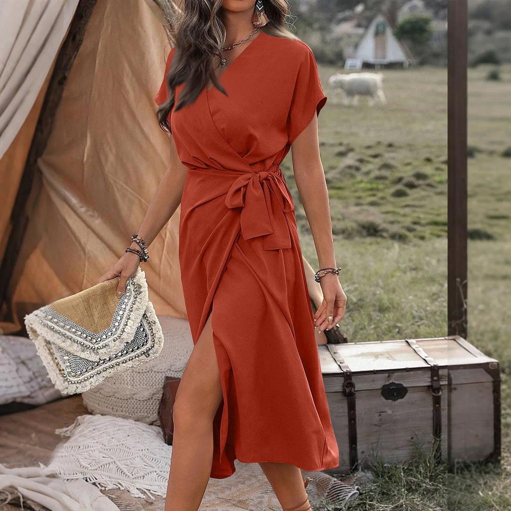 Women's V Neck Wrap Dress Twisted Slit Pleated Waist Tie Short Sleeve Summer Midi Dresses