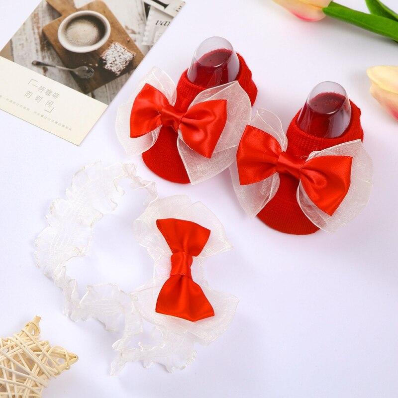 Cute Baby Girl Headband Socks Set Lace Bows Newborn Knotbow Socks Elastic Hairband Toddler Girl Hair Accessories for 0-2T