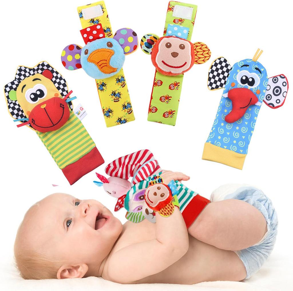 Baby Rattles Socks Toys 0 12 Months Newborn Infant Cartoon Plush Socks Wrist Strap Foot Finder and Wrist Rattles Toys for Babies