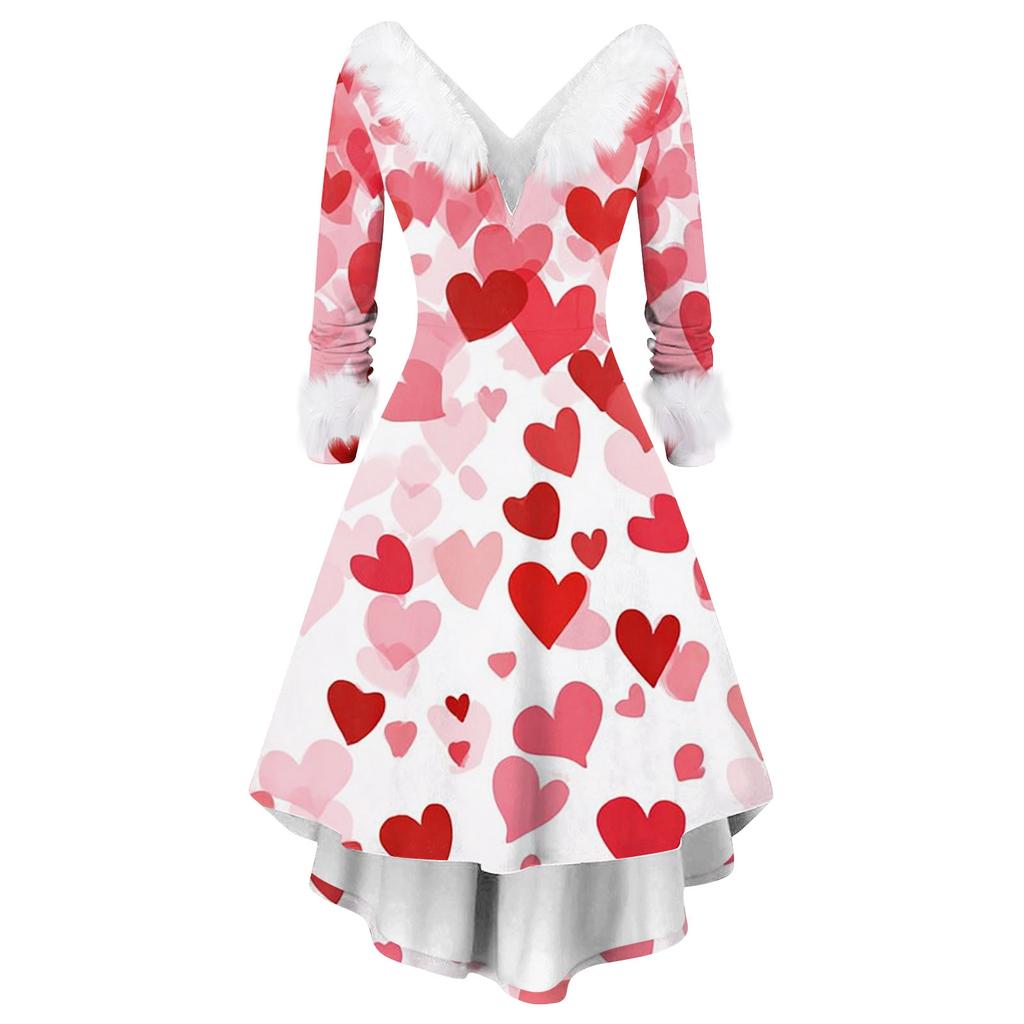 Damen stilvolles und elegantes langärmeliges V-Ausschnitt Kleid mit Valentinstags-Herzprint