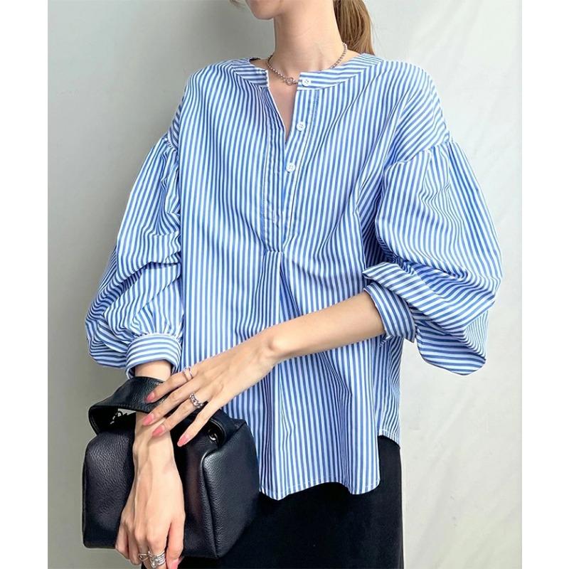 

Новая женская рубашка, летняя свободная 7-цветная полосатая рубашка с рукавами-фонариками для женщин L