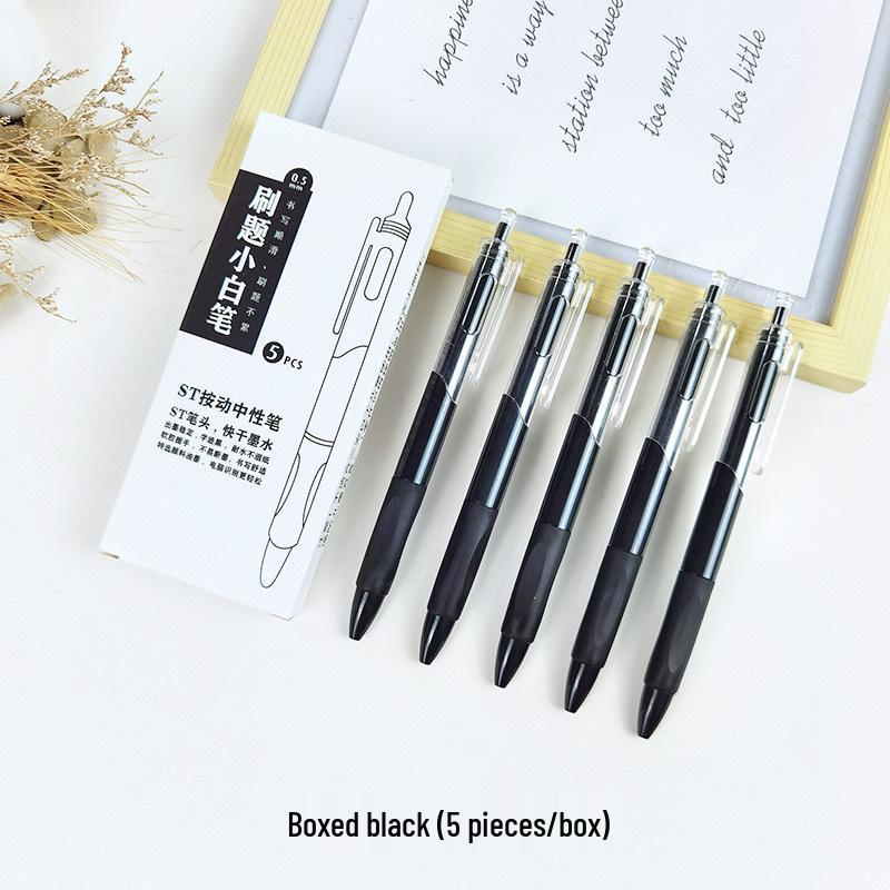 Press-Type Quick-Dry 0.5mm White Pen - Ideal for Students & Exams, Black Ink, Neutral ST Head, Perfect for Signing & Practice