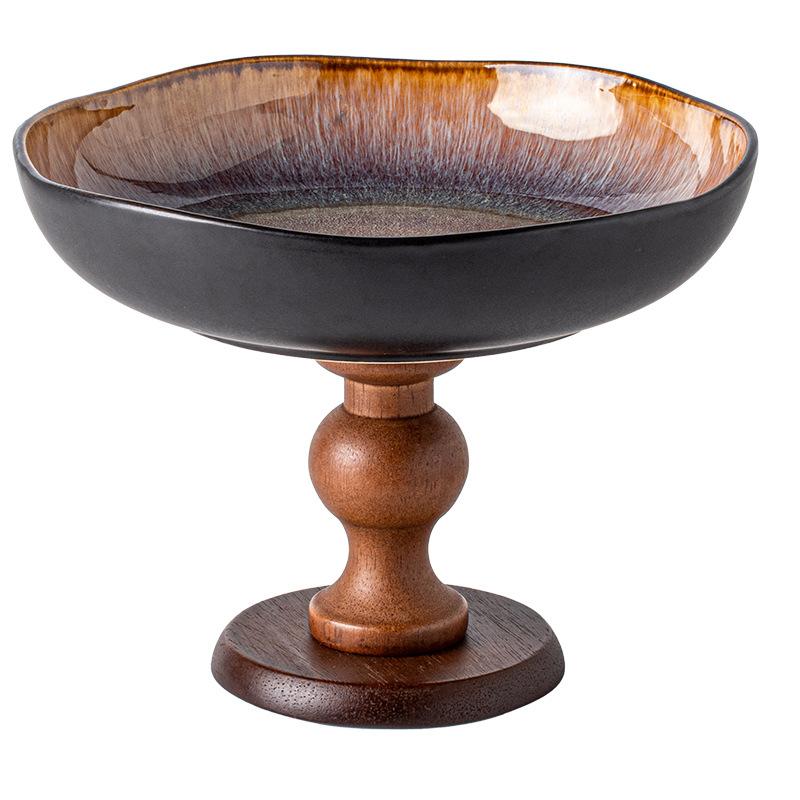 Light Luxury, High-End Retro Wood High-Footed Fruit Plate, Ceramic Snack Tray, Fruit Plate, Entrance Ornament Export