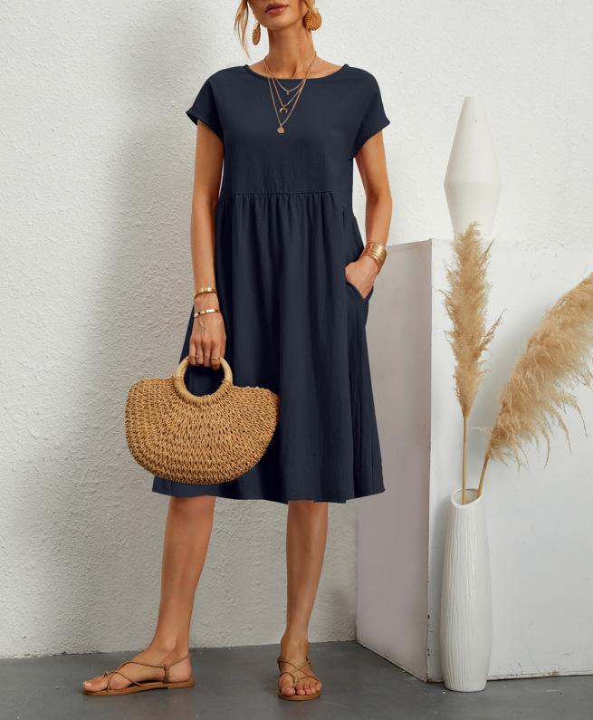 Fashion Summer OL Temperament Women's Clothing Cotton and Linen Round Neck A-shaped Skirt Large Size Loose Dress
