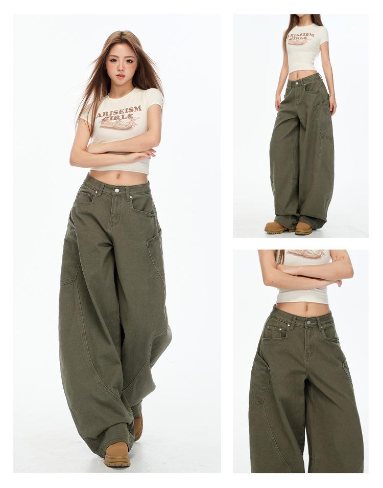Autumn Khaki Scimitar High-Street Drapey Wide-Leg Jeans for Women