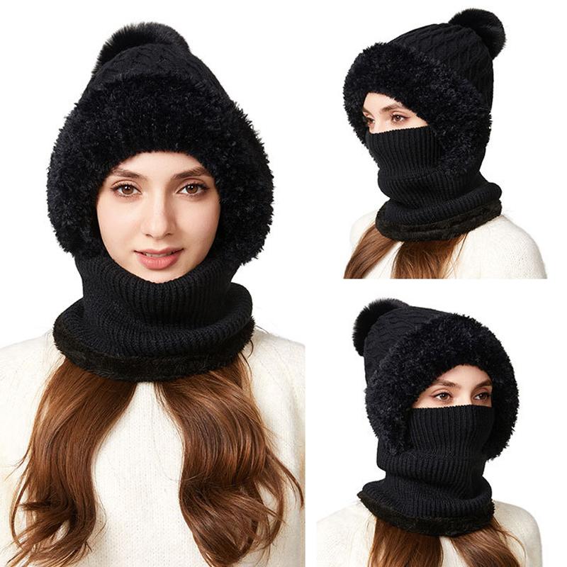 Knitted Hat Thick Velvet Mask Scarf All-in-one Hat   Winter Warm Hat for Women