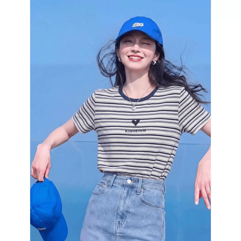 Basic House Women's Dark Blue Stripe Print Short Sleeve T-shirt
