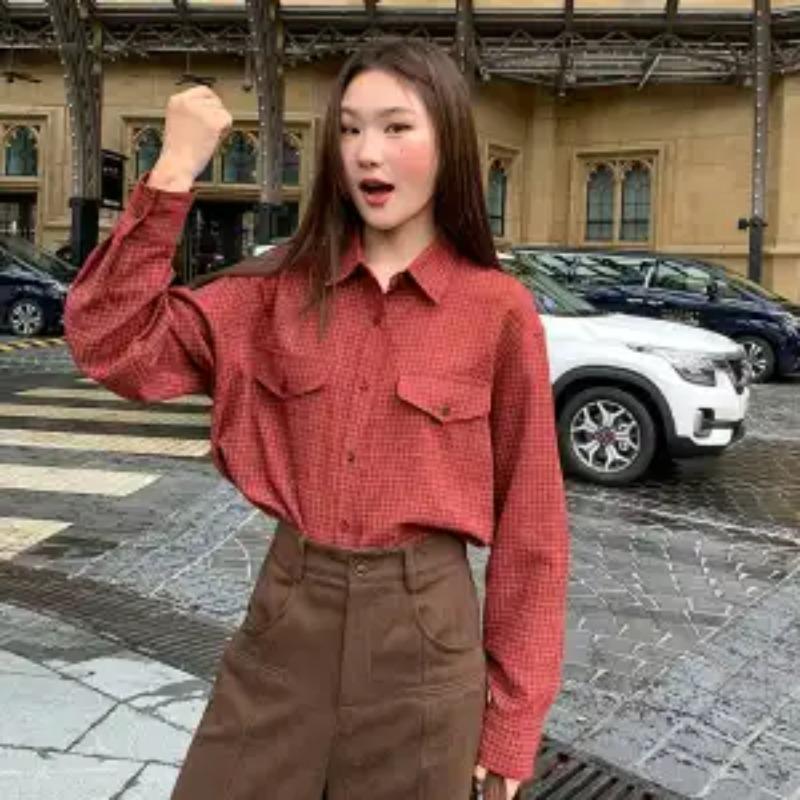 

Autumn Retro Plaid Long-sleeved Shirt Loose Casual Lapel Button Splicing Design Cardigan S красный
