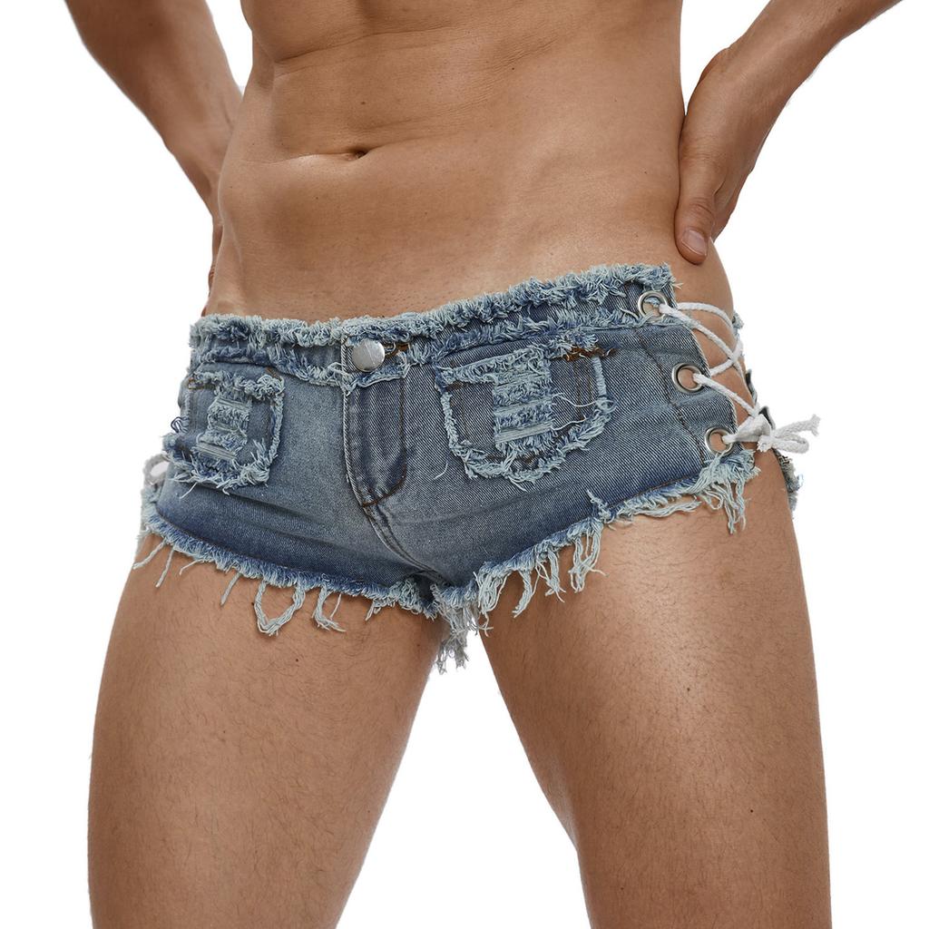 Men’s Low Rise Extra Short Denim Shorts Raw Edge Ripped Side Lace Up Hot Pants for Rave Clubbing