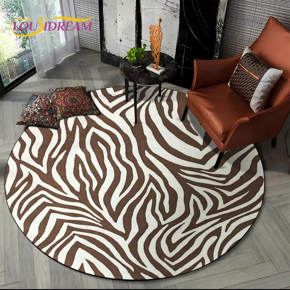 3D Barevný Pruhovaný Vzor Zebra Kulatý Koberec pro Obývací Pokoj, Ložnici, Dětský Herní Koutek Dekor, Protiskluzová Podložka do Zóny pro Domácí Mazlíčky
