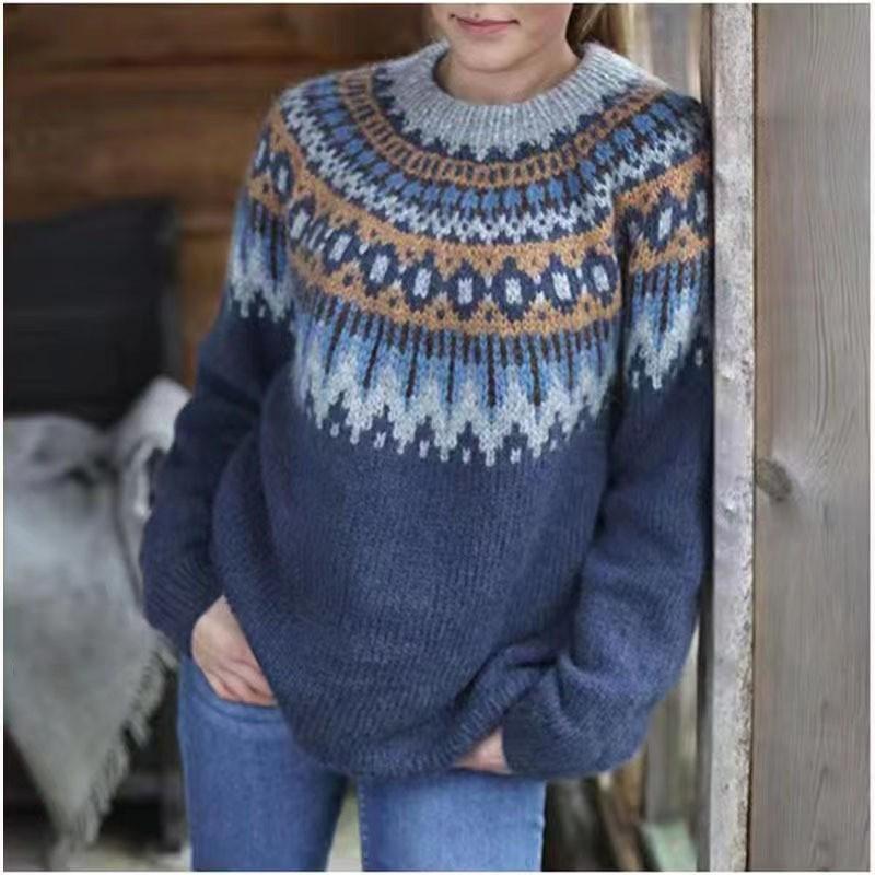 Women Geometric Pattern Knit Sweater Long Sleeve Casual Crewneck Pullover
