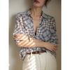 New Style Blue Plaid Silk Shirt for Women Long-sleeved Loose Mulberry Silk Top
