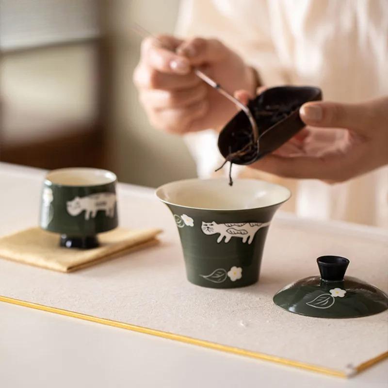 125ml Pó Yin Verde Oliva Gato da Sorte Pintado à Mão Gaiwan Tigela de Chá Zen com Tampa Kit Tampa de Preparo de Chá Conjunto de Chá