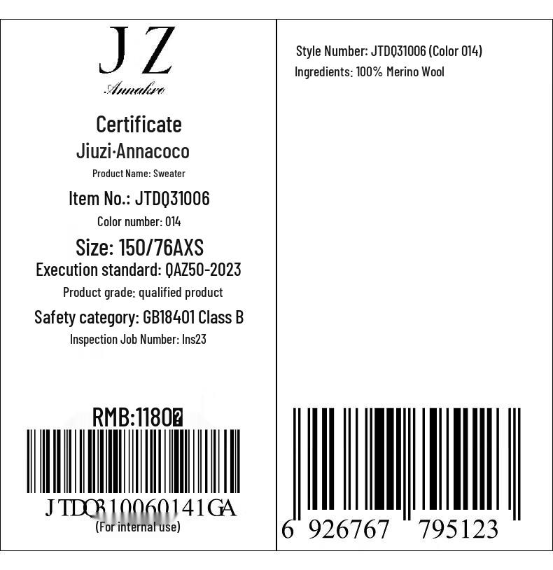 Jiu Zi Annaco Women's Seamless 100% Wool Round Neck Sweater