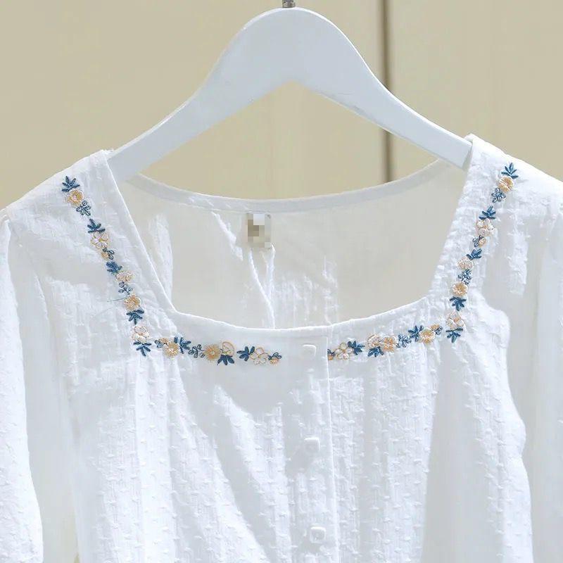 Blouse Women Shirt Square Collar Shirt Women's Short Sleeve Summer Loose Embroidered Top Blusas Mujer