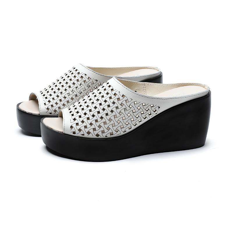 

GKTINOO genuine leather Summer women slippers Open Toe flip flops sandals Women Wedges Slippers black white slides sandals 9